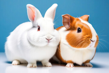 rabbit and guinea pig on a blue background, space for text. Animal food advertising concept.