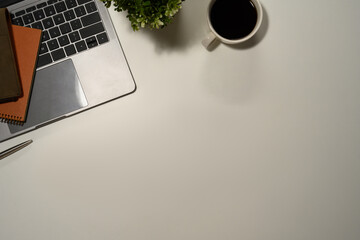 Top view laptop, books, potted plant and coffee mug on white office desk