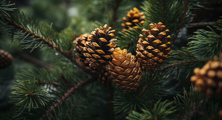 a pine cone is hanging from a tree branch with needles and needles on it's branches, with a blurry background - Powered by Adobe