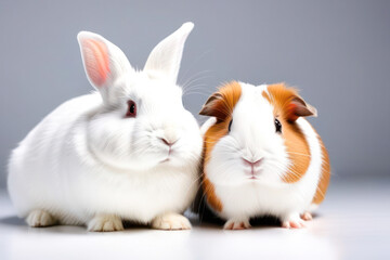 Fototapeta premium rabbit and guinea pig on a white background, space for text. Animal food advertising concept.