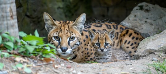 Fototapeta premium Male serval and kitten portrait with empty space on left for text, object placed on right side