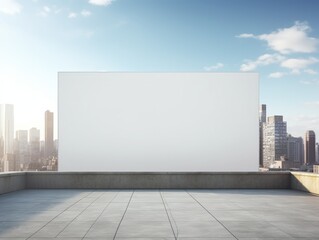 A large, blank billboard installed on the rooftop of a modern building, set against a cityscape background for outdoor advertising.  - obrazy, fototapety, plakaty