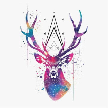 artistic image depicts a deer head with intricate antlers using a vibrant, geometric style
