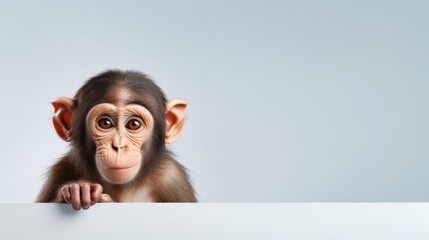 photo of a monkey's head on a plain blue background with space for text, mock-up - obrazy, fototapety, plakaty