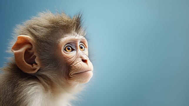 photo of a monkey's head on a plain blue background with space for text, mock-up