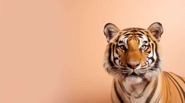 photo of a tiger's head on a plain peach background with space for text. mock-up