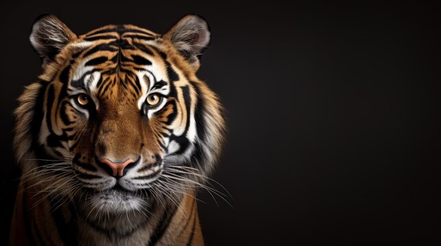 photo of a tiger's head on a plain black background with space for text. mock-up