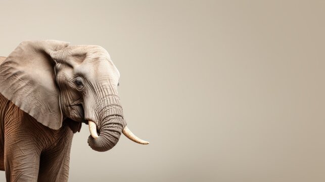 banner of an elephant's head on a plain grey background with space for text. mock-up