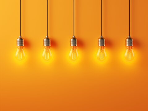 banner five Yellow light bulb glowing on an orange background, symbolizing ideas and creativity,mock-up