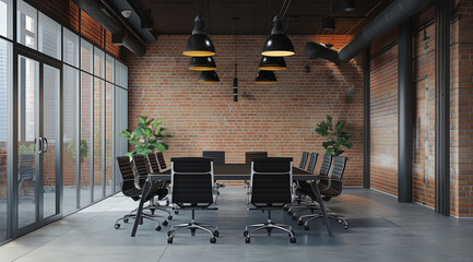 conference room is brightened by natural light streaming through large windows - obrazy, fototapety, plakaty