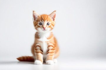 Fototapeta premium cute little red kitten on a white background, space for text. Pet food advertising concept and cat day.