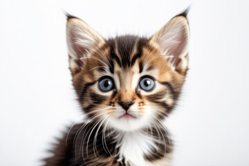 cute little kitten on a white background, space for text. Pet food advertising concept and cat day.