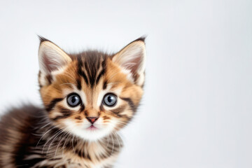 Obraz premium cute little kitten on a white background, space for text. Pet food advertising concept and cat day.