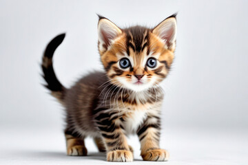 cute little kitten on a white background, space for text. Pet food advertising concept and cat day.