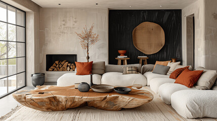 Modern Living Room with Textured Walls and Wooden Coffee Table