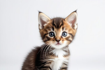 Obraz premium cute little kitten on a white background, space for text. Pet food advertising concept and cat day.