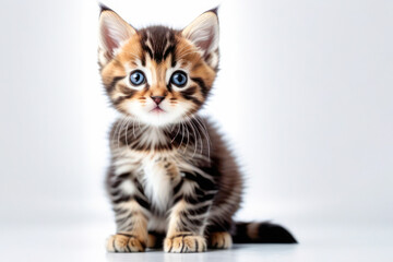 Fototapeta premium cute little kitten on a white background, space for text. Pet food advertising concept and cat day.