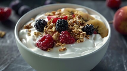 Fresh yogurt with granola, blackberries, raspberries, and sliced banana in a bowl. - Powered by Adobe