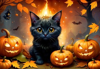 A beautiful young black kitten sits among pumpkins. Halloween card.