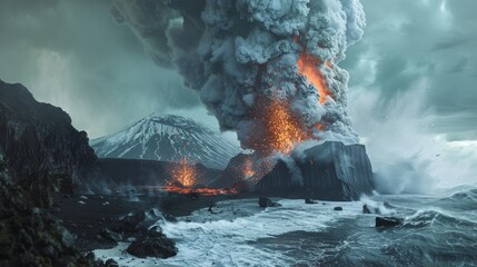 Volcanic eruption at sea with smoke and lava spewing.