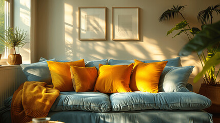 Cozy Living Room Interior with Blue Sofa and Yellow Cushions