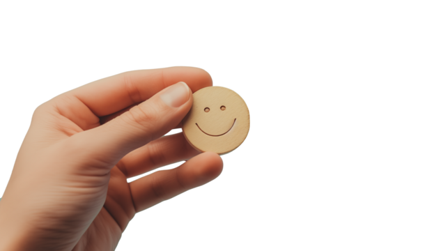 Hand holding a token with a smiley on it, isolated on transparent background