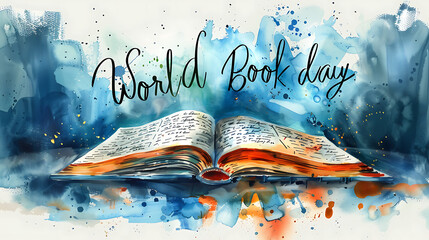 book with a watercolor background that says world book day, international book day, 23 April - obrazy, fototapety, plakaty