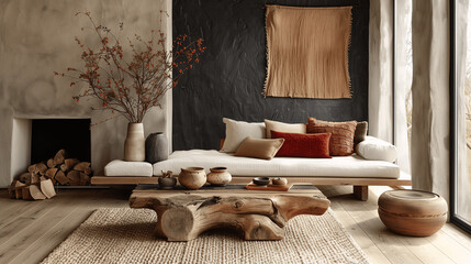 Elegant Bohemian Living Room Interior with Natural Decor