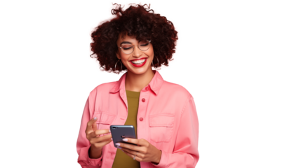 Woman looking at her mobile phone and smiling,isolated on transparent background