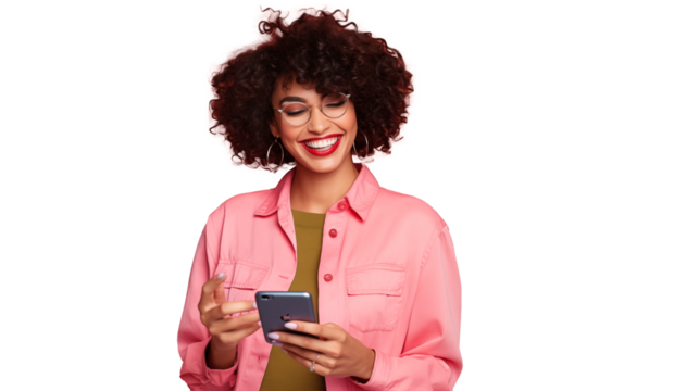 Woman looking at her mobile phone and smiling,isolated on transparent background