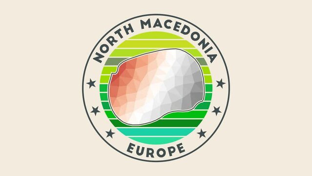 North Macedonia intro video. Badge with the circular name and map of the country in low poly tech geometric style. Neat country round logo animation.