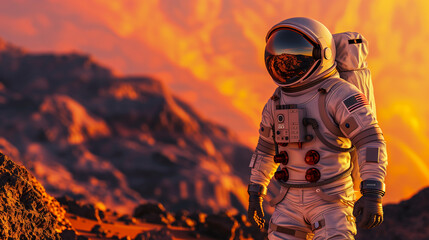 An astronaut wearing a spacesuit is carrying out exploration activities on the surface of the planet Mars. Against the backdrop of the planet's red sky and rocky landscape, AI generated Images