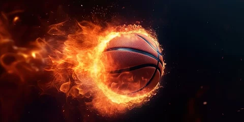 Fotobehang Basket ball with bright flame flying on black background. Ai Generative © ArtmediaworX