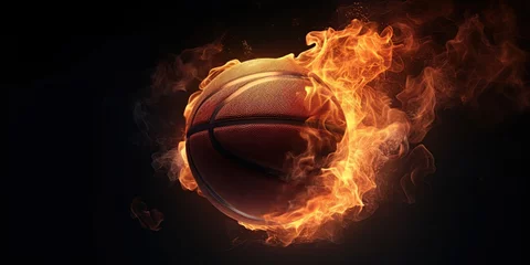 Deurstickers Basket ball with bright flame flying on black background. Ai Generative © ArtmediaworX