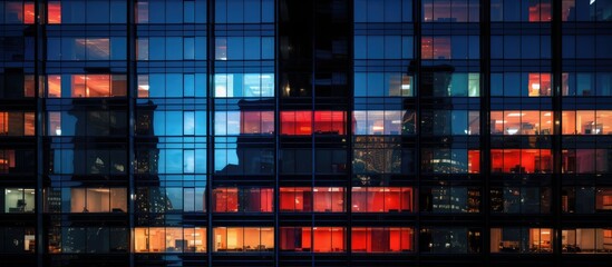 Modern Skyscraper Office Building Windows Illuminated at Night