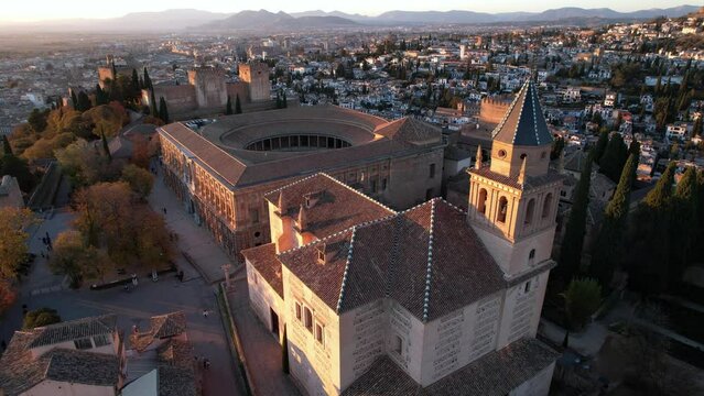 Granada, Spain: Aerial drone footage of the Granada old town with the famous Alhambra citadel.