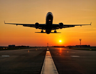 Fototapeta premium A jet is flying over a runway at sunset. The sky is orange and the sun is setting