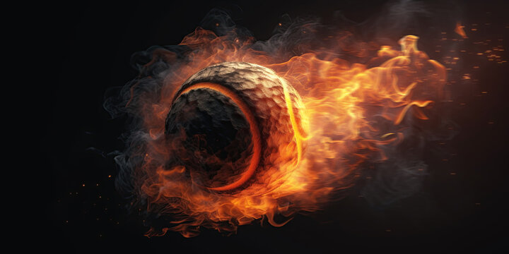 Tennis ball, on fire on black background. Ai Generative