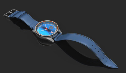 3d Stylische Armbanduhr mit blauen Armband auf schwarzen, spiegelnden  Untergrund.  