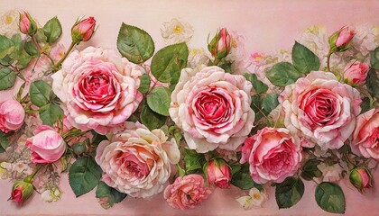 Pink roses on a pink background. Floral retro wallpaper, background, illustration