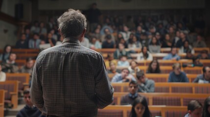 Back view of mature professor giving lecture to large group of college students in the classroom.