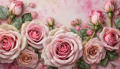 Różowe róże na różowym tle. Kwiatowa retro tapeta, tło, ilustracja - obrazy, fototapety, plakaty
