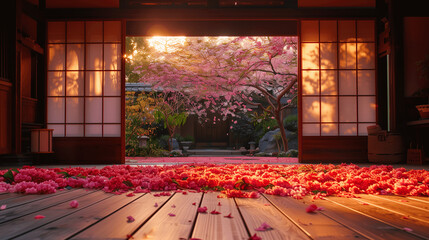 Traditional Japanese Garden View with Cherry Blossoms at Sunset - obrazy, fototapety, plakaty