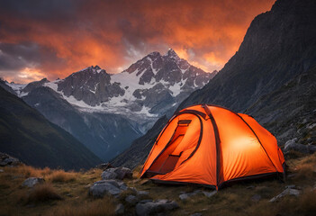 Glowing orange tent camping in the mountains in front of majestic mountain range - obrazy, fototapety, plakaty