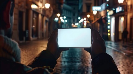 Man using smartphone at abstract blurred street night. Blank screen for graphics display montage.