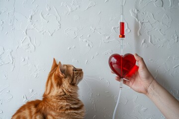 Blood donation for pets. Ginger cat looks at dropper in shape of red heart. Conceptual image of emergency help for animals, veterinary medicine, blood transfusion, animal rescue, pet life insurance.