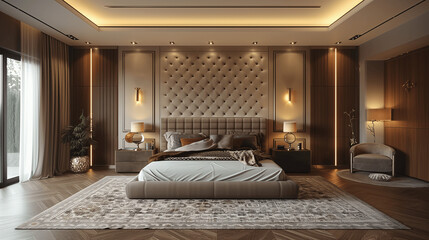 Modern Bedroom Interior with Elegant Decor and Lighting - obrazy, fototapety, plakaty