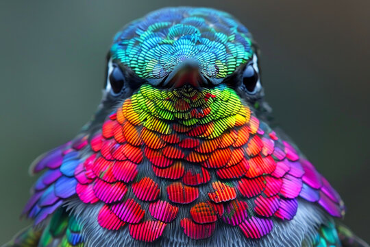 A bird with a red head and orange feathers. The bird is standing in front of a black background. A detailed close-up portrait of a hummingbird displaying its vibrant palette