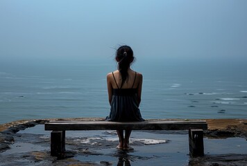 A depressed dishevelled little girl sitting on an empty bench overlooking the ocean, back view. The sea is calm and blue with no waves in sight. 