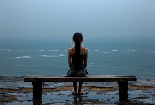 A depressed dishevelled little girl sitting on an empty bench overlooking the ocean, back view. The sea is calm and blue with no waves in sight. 